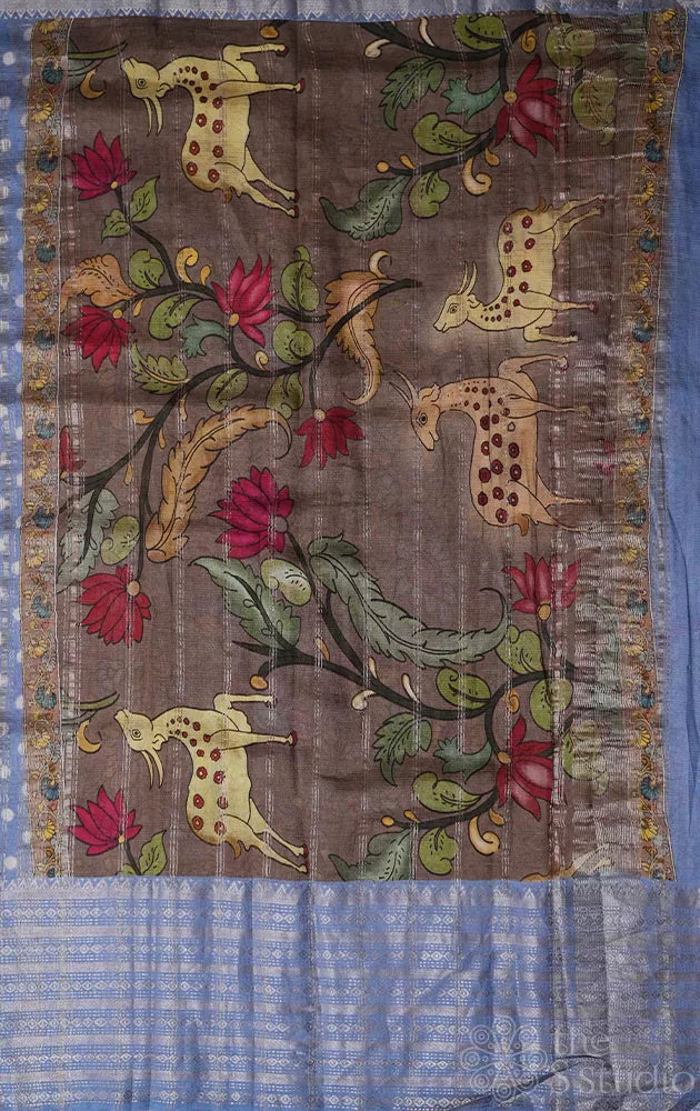 Powder Blue Mangalagiri Silk Cotton Saree with Polka Dots and Kalamkari Printed Pallu