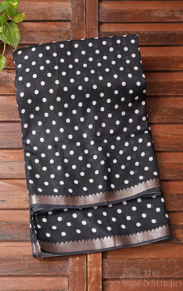 Black Mangalagiri Silk Cotton Saree with Polka Dots and Rust Kalamkari Printed Pallu