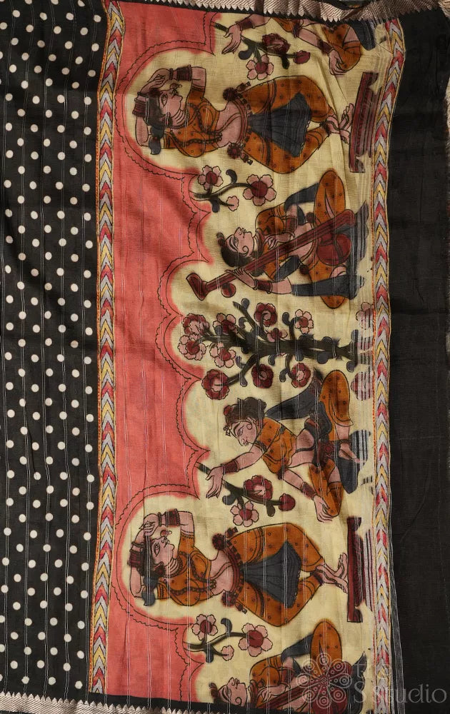 Black Mangalagiri Silk Cotton Saree with Polka Dots and Rust Kalamkari Printed Pallu