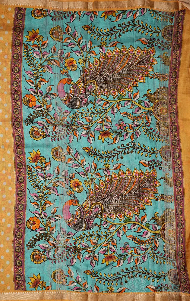 Light Orange Mangalagiri Silk Cotton Saree with Polka Dots and Kalamkari Pallu