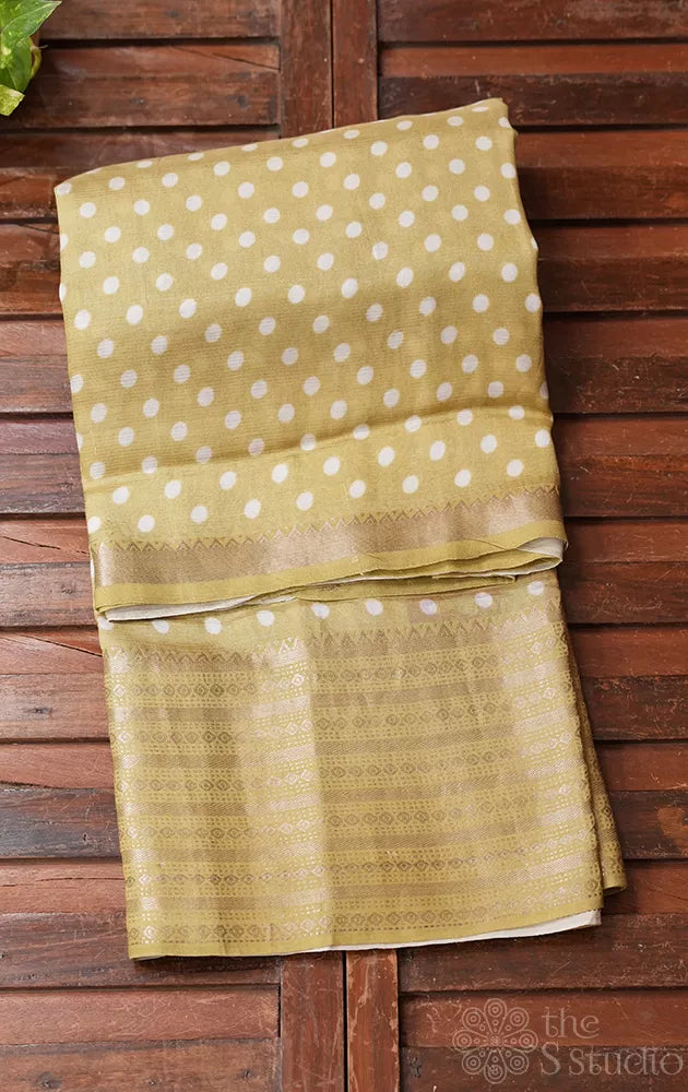 Olive Green Mangalagiri Silk Cotton Saree with Polka Dots