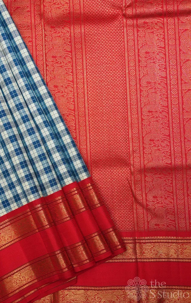 Blue and white checked kanjivaram silk saree with korvai red border with rettaipet zari
