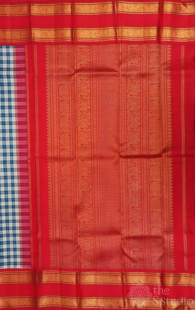 Blue and white checked kanjivaram silk saree with korvai red border with rettaipet zari
