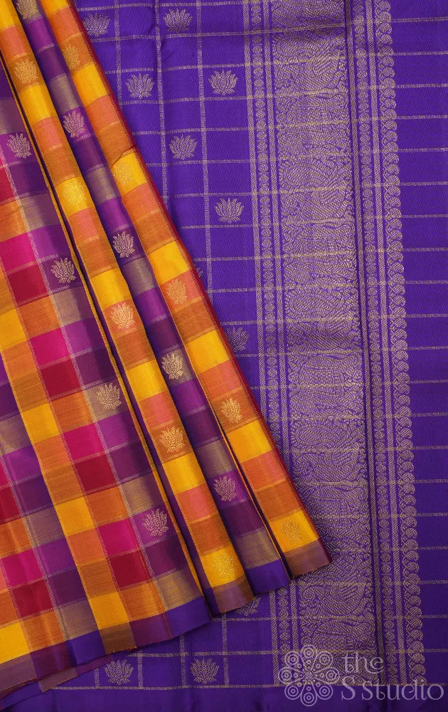 Paalum Pazhamum checks kanchipuram silk saree with lotus zari buttas