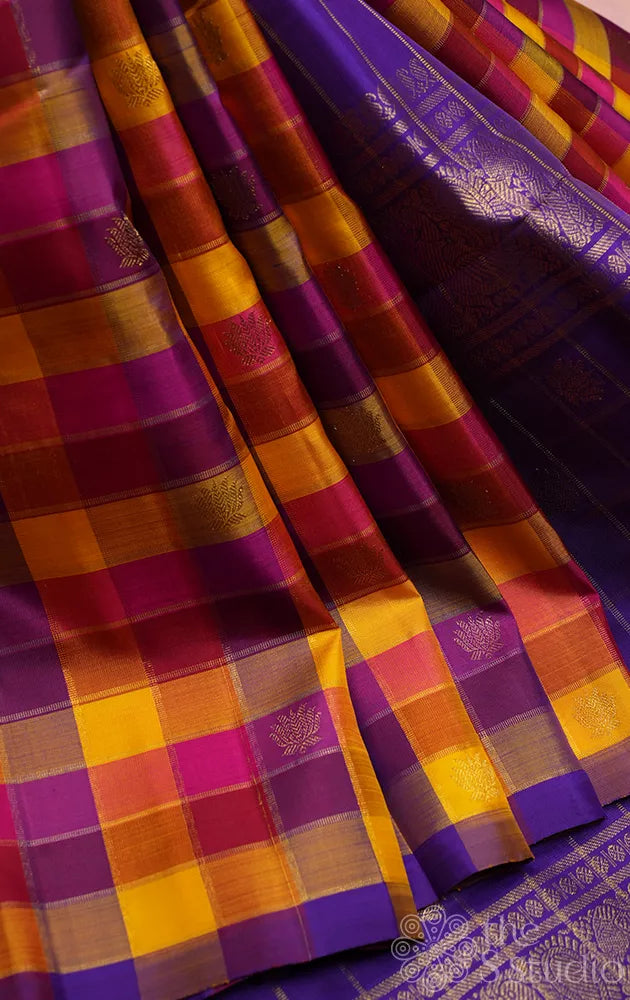Paalum Pazhamum checks kanchipuram silk saree with lotus zari buttas