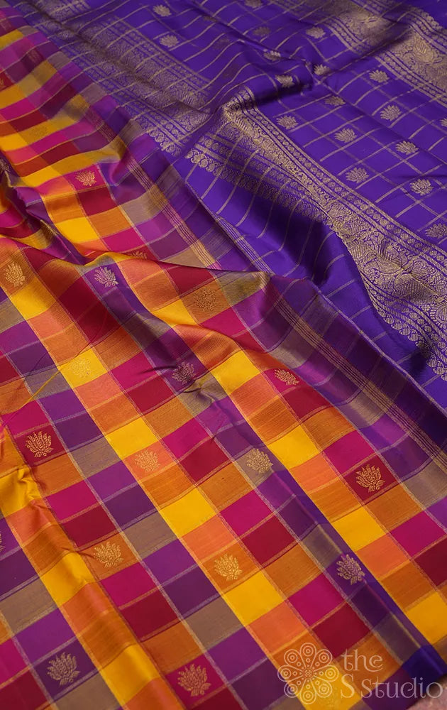 Paalum Pazhamum checks kanchipuram silk saree with lotus zari buttas