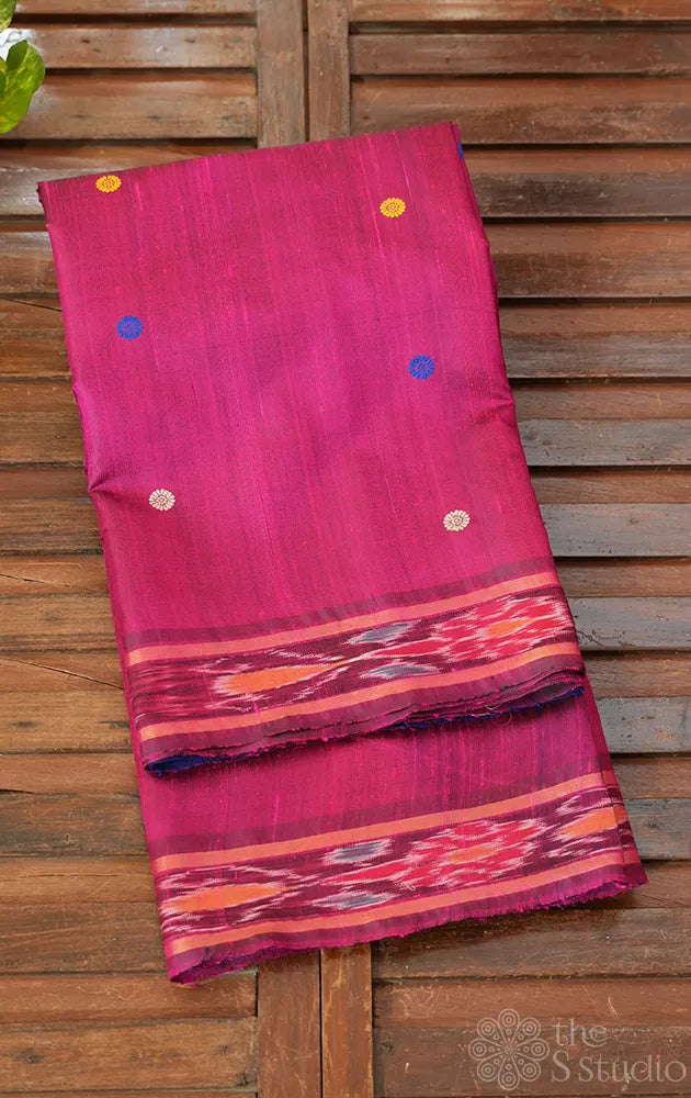 Magenta raw silk saree with dolabedi temple design pallu