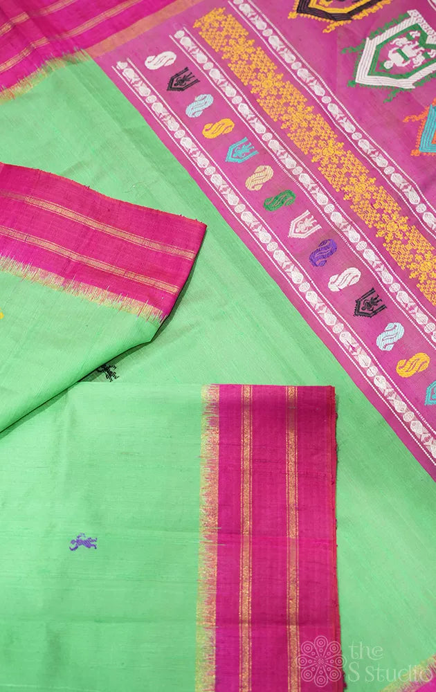 Light green raw silk saree with pink border