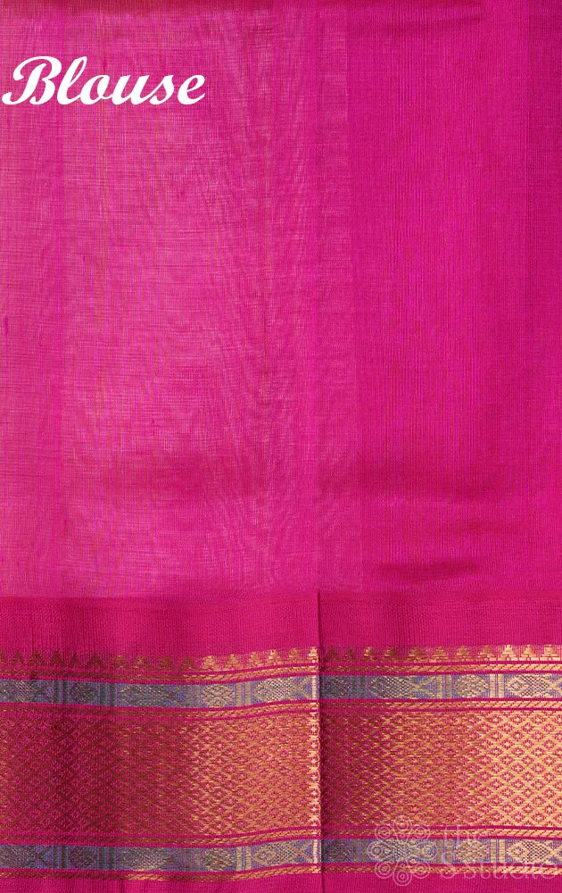 Off white silk cotton saree with contrast korvai pink border