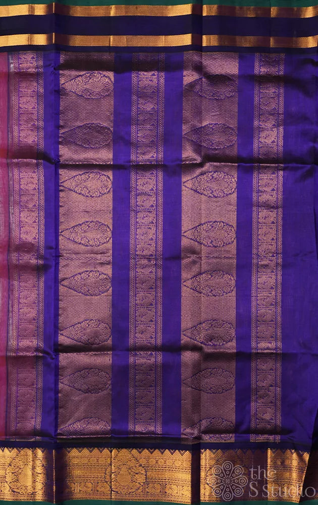 Peach silk cotton saree with korvai navy blue border