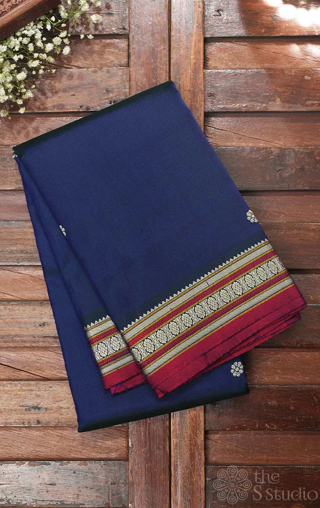 Peacock blue kanchipuram threadwork silk saree with pichwai cow woven motifs