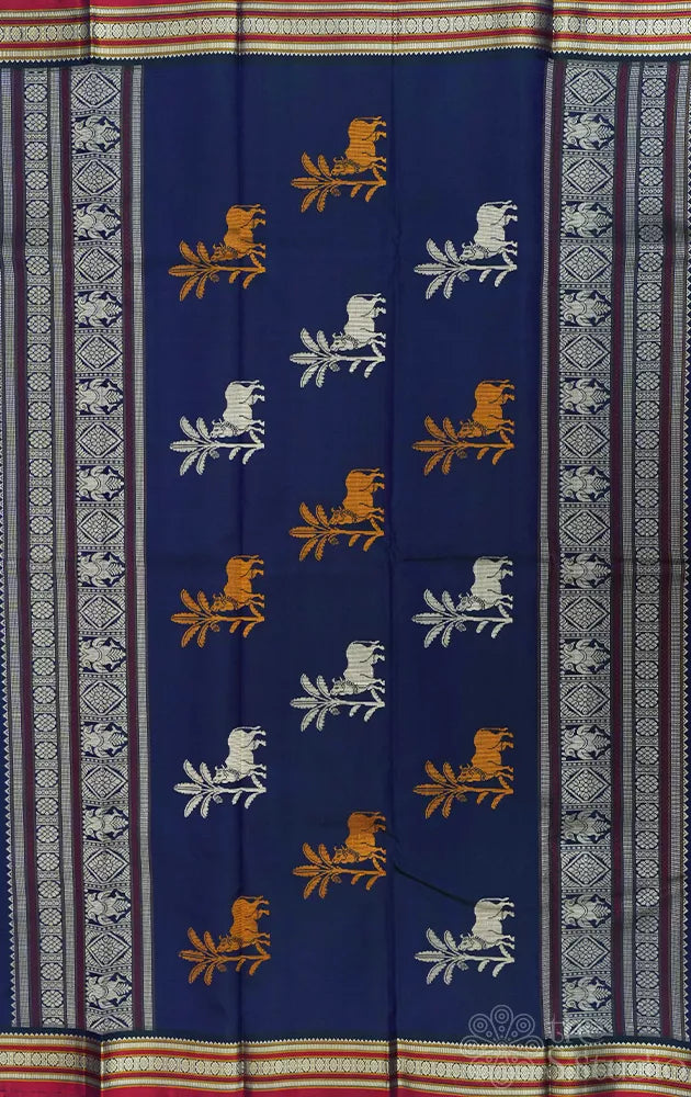 Peacock blue kanchipuram threadwork silk saree with pichwai cow woven motifs
