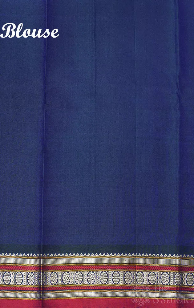 Peacock blue kanchipuram threadwork silk saree with pichwai cow woven motifs