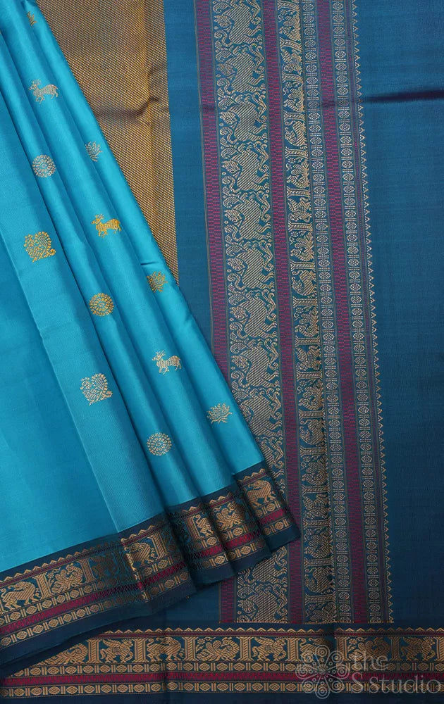 Anandha blue kanchi threadwork silk saree with small border