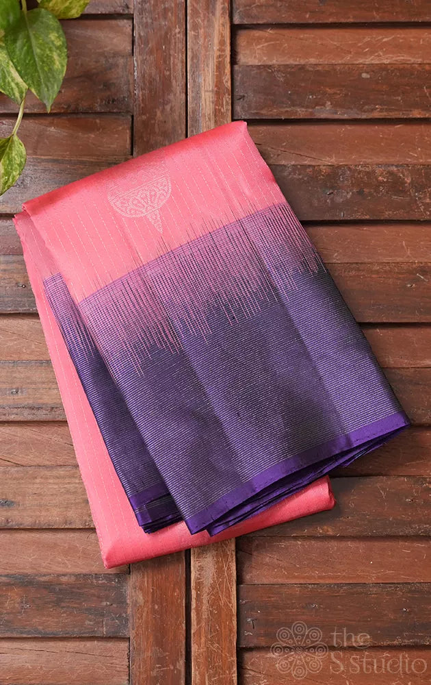 Rose soft silk saree with vertical silver zari lines and violet border