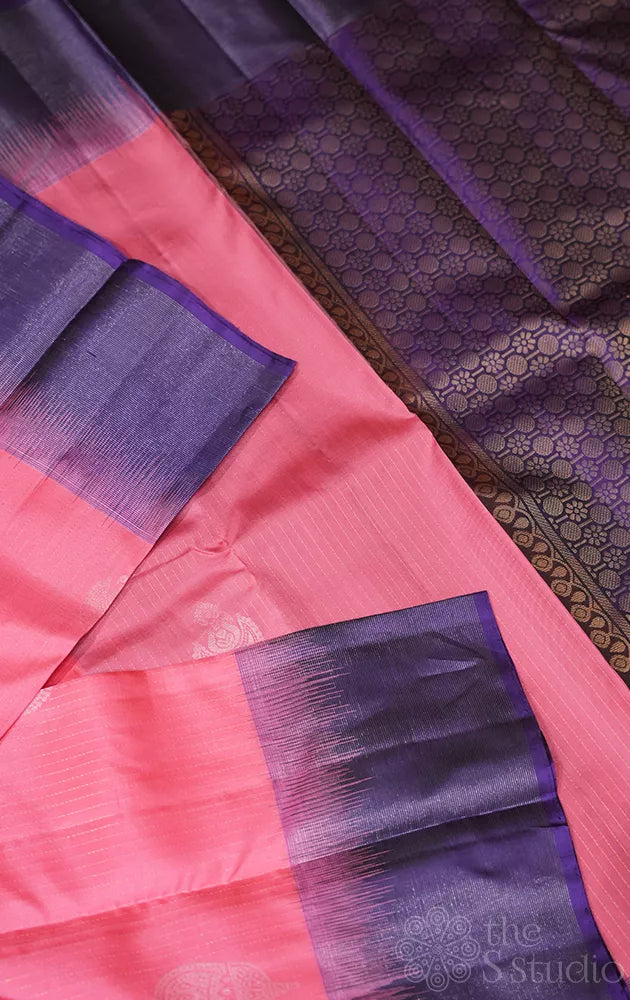 Rose soft silk saree with vertical silver zari lines and violet border