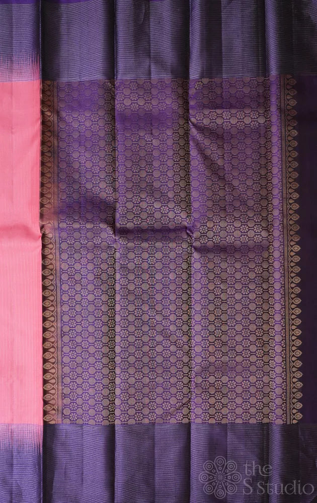 Rose soft silk saree with vertical silver zari lines and violet border