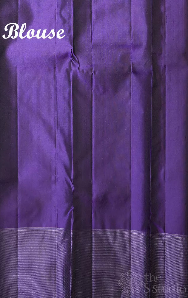 Rose soft silk saree with vertical silver zari lines and violet border