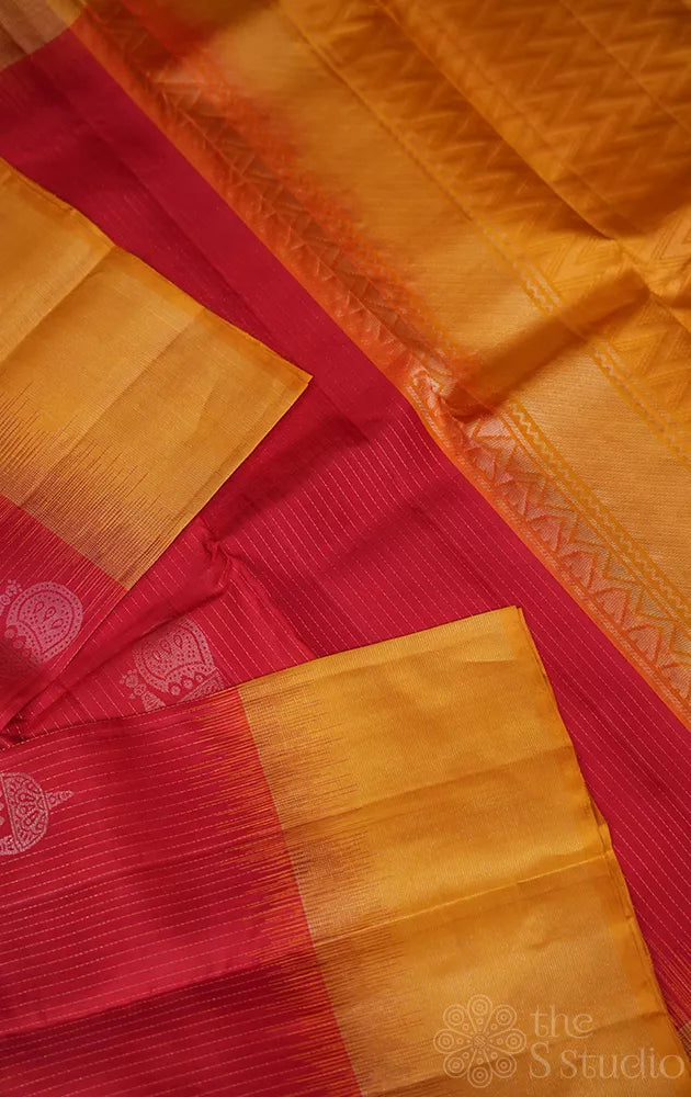 Red soft silk saree with mustard border