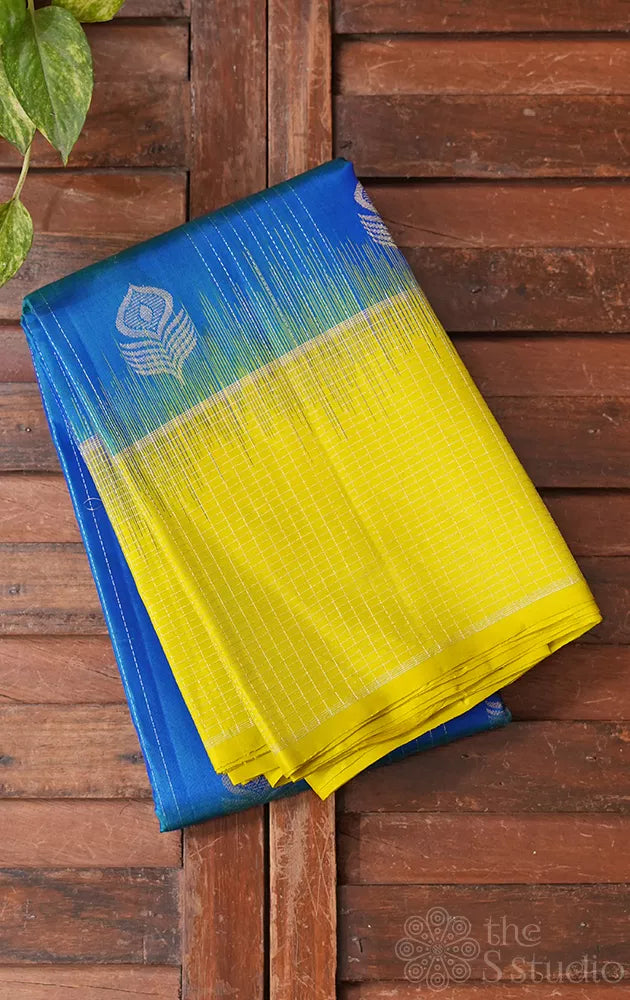 Peacock blue soft silk saree with apple green border