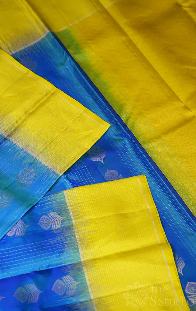 Peacock blue soft silk saree with apple green border