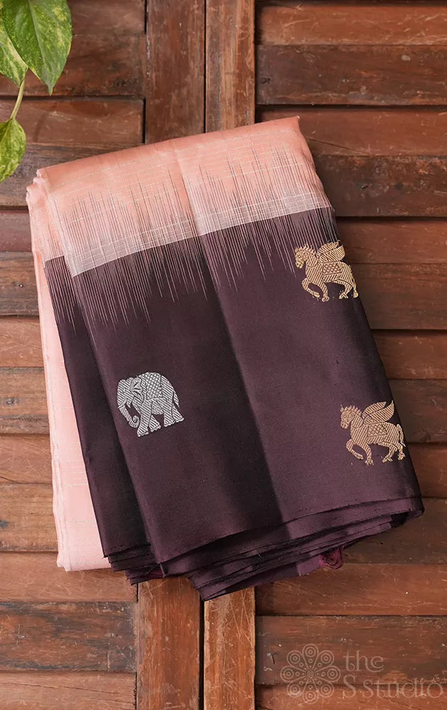 Peach light weight silk saree with brown border