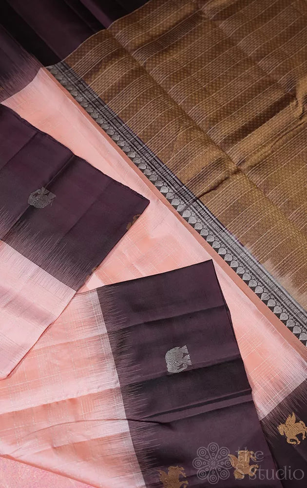 Peach light weight silk saree with brown border