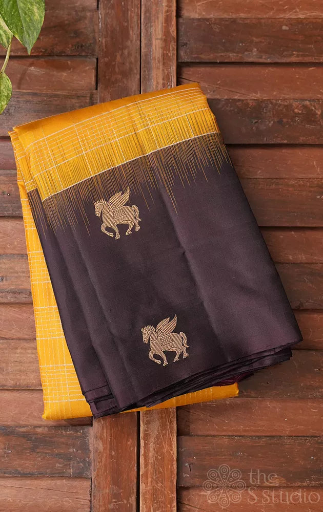 Mustard soft silk saree with contrast brown border
