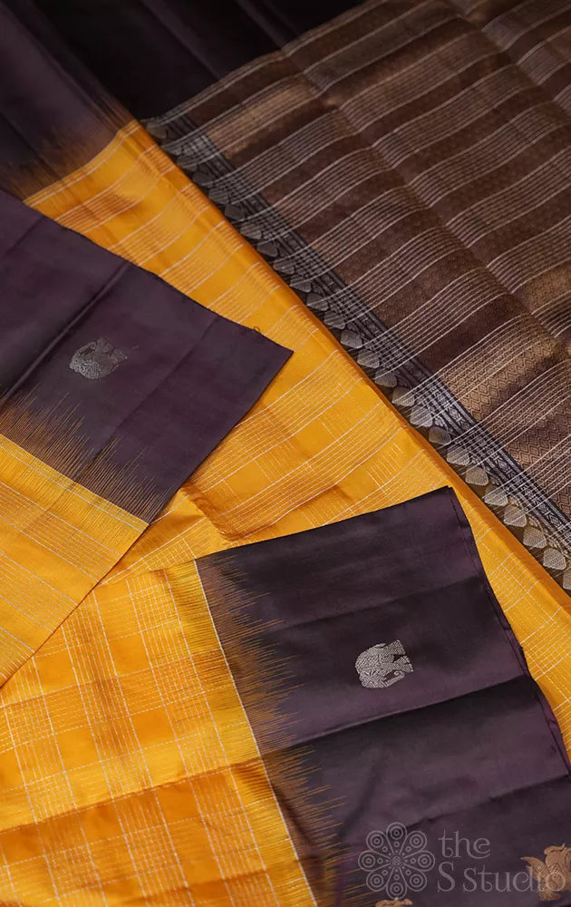 Mustard soft silk saree with contrast brown border