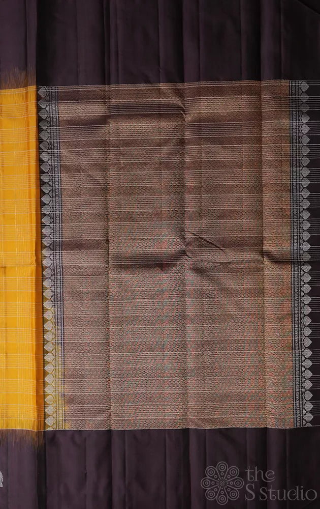 Mustard soft silk saree with contrast brown border
