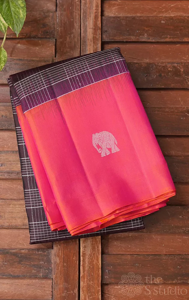 Coffee brown light weight silk saree with peach border