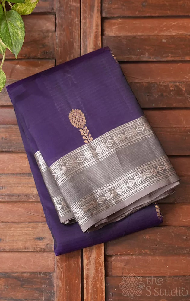 Violet soft silk saree with grey rettaipet border
