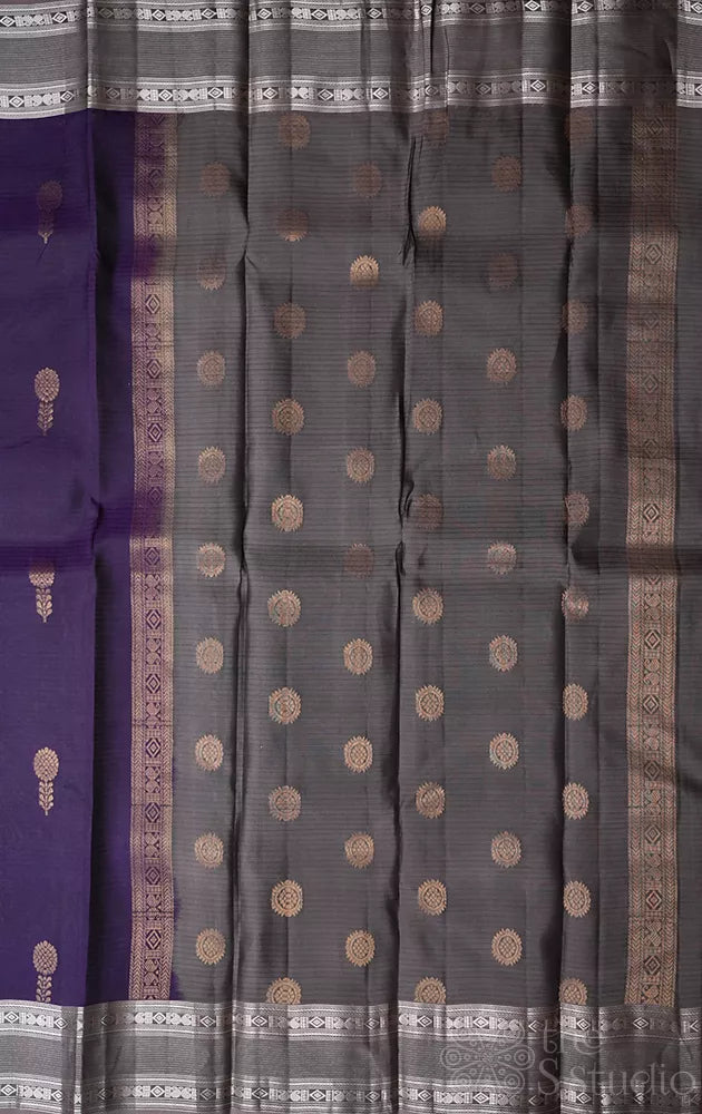 Violet soft silk saree with grey rettaipet border