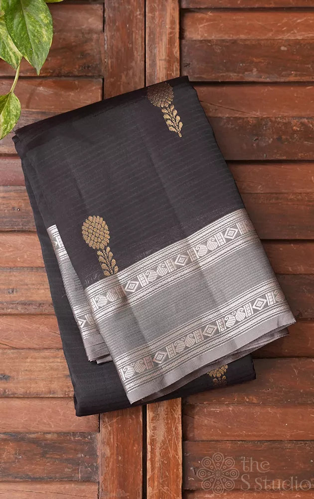 Dark coffee brown soft silk saree with grey rettaipet border
