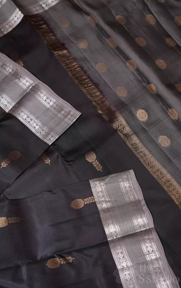 Dark coffee brown soft silk saree with grey rettaipet border