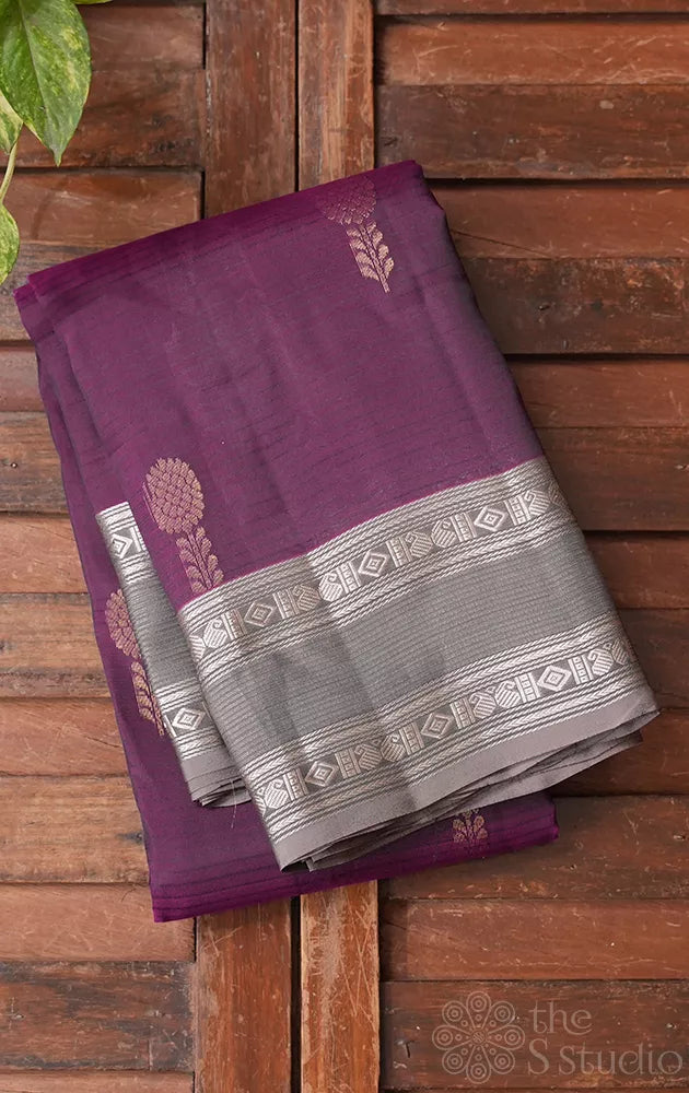 Purple soft silk saree with grey silver zari rettaipet border