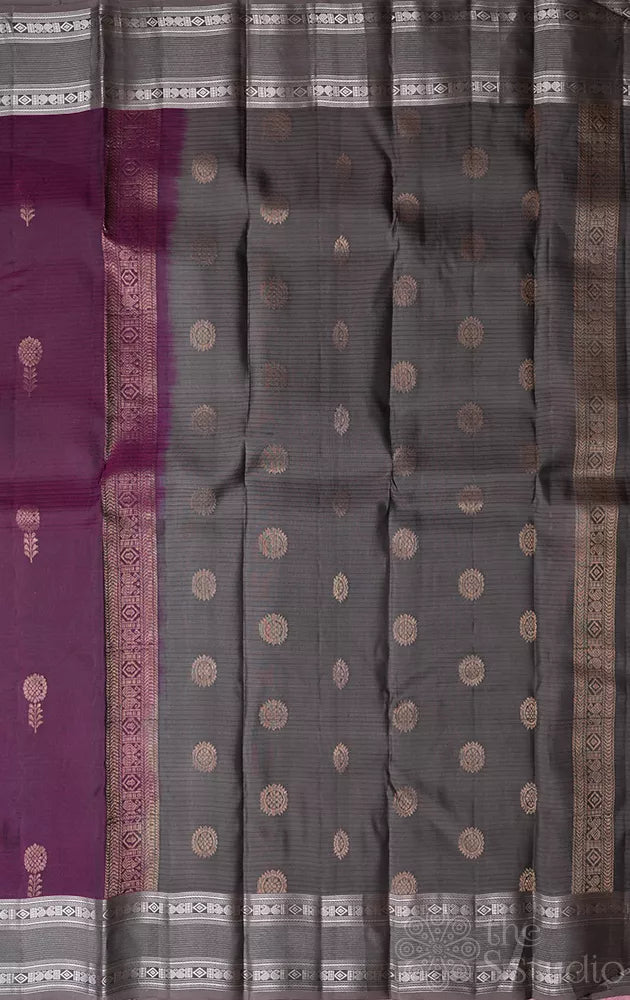 Purple soft silk saree with grey silver zari rettaipet border