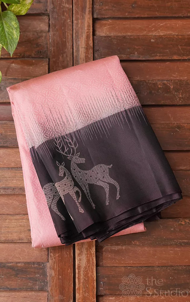 Peach light weight silk saree with brown deer butta border