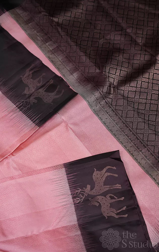 Peach light weight silk saree with brown deer butta border