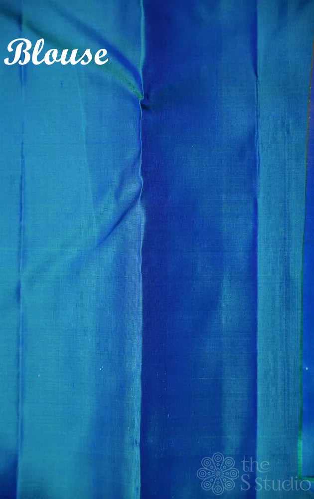 Neon green soft silk saree with peacock blue border