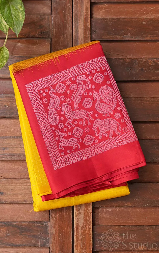 Yellow zari checked light weight silk saree with red border