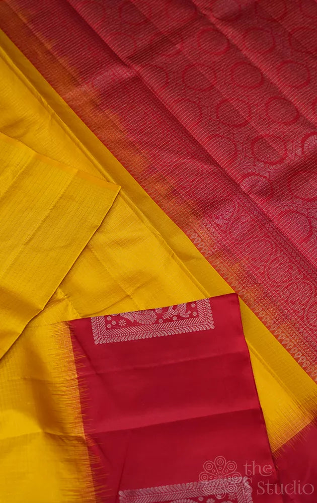 Yellow zari checked light weight silk saree with red border