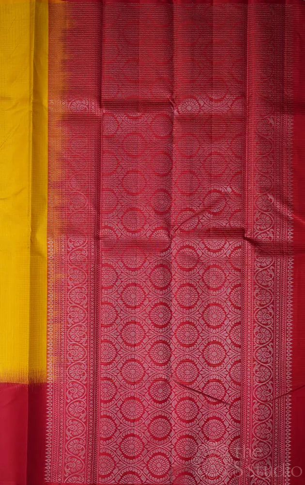 Yellow zari checked light weight silk saree with red border