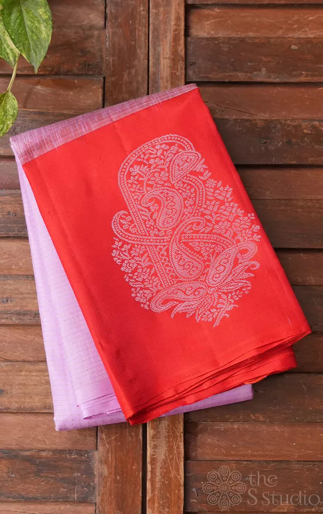 Lavender zari checked soft silk saree with red border