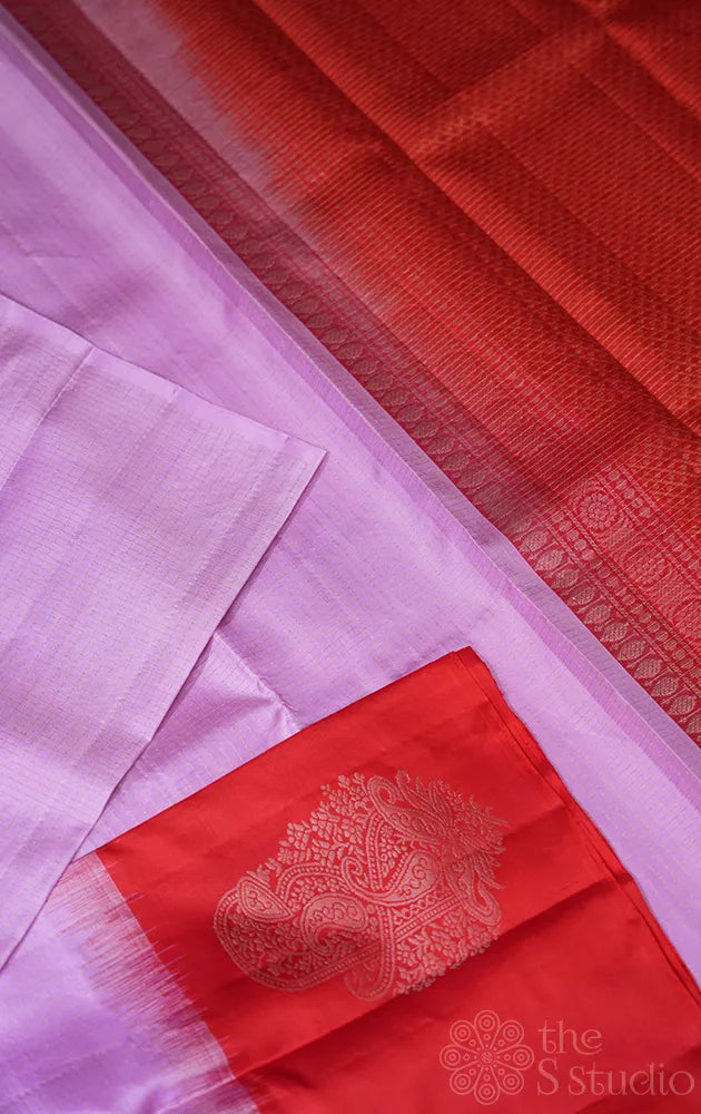 Lavender zari checked soft silk saree with red border