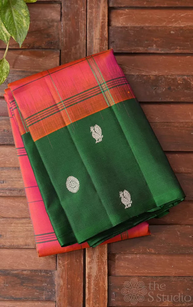 Peachish orange soft silk saree with checks