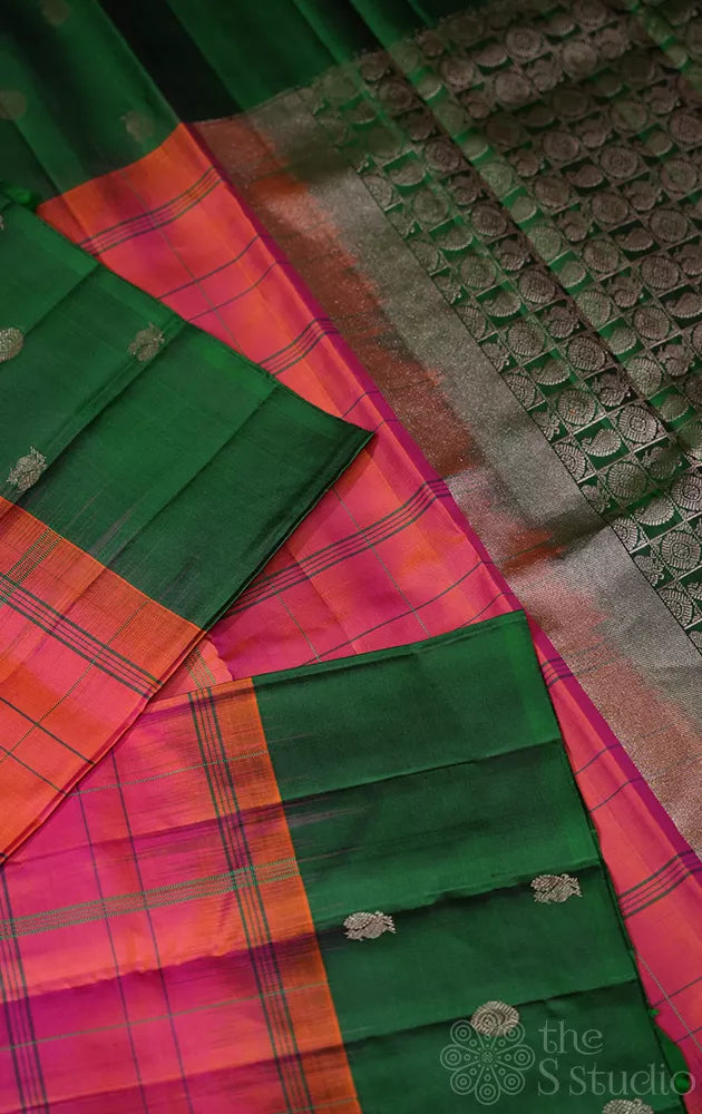 Peachish orange soft silk saree with checks