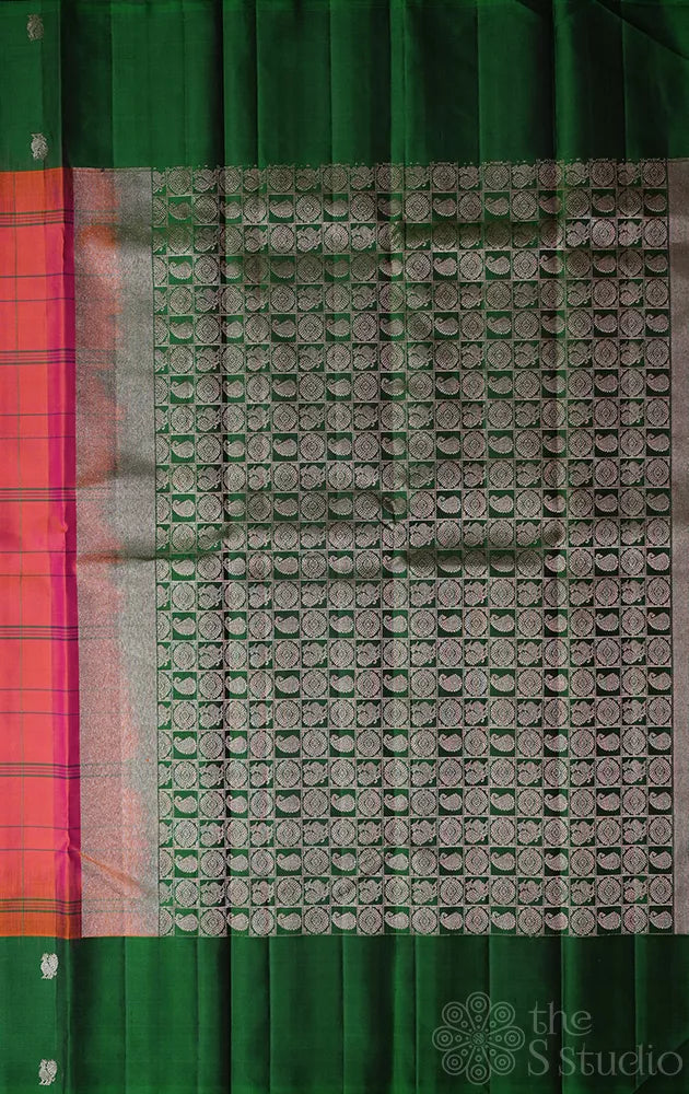 Peachish orange soft silk saree with checks