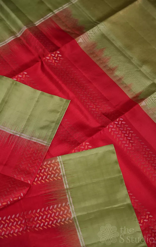 Red soft silk saree with elachi green border