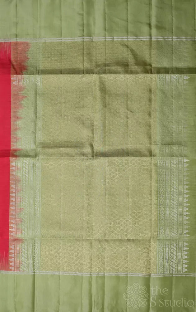 Red soft silk saree with elachi green border
